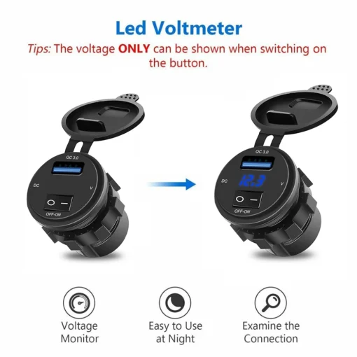 KEBIDU Quick Charge 3.0 USB Car Charger Socket Digital Display Voltmeter Charger Socket with ON-OFF Switch for Motorcycle - Image 3