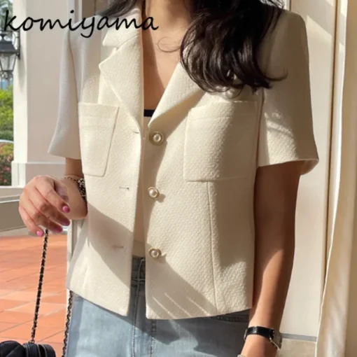 Komiyama Notched Collar Tweed Jackets Exquisite Single-breasted Chaqueta Mujer Short-sleeved Jaquetas Summer Spring Coats