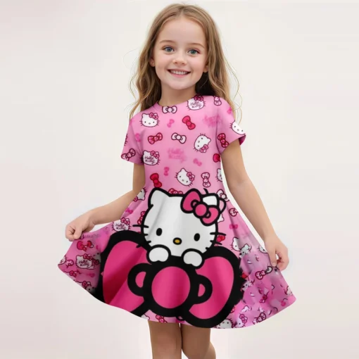 3D Printed Sanrio Hello Kitty  Fashion Cartoon Pattern Cute Short Sleeved Dress Cosplay Youth Girl Clothes Kuromi Clothes Sweet