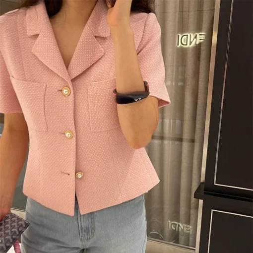 Komiyama Notched Collar Tweed Jackets Exquisite Single-breasted Chaqueta Mujer Short-sleeved Jaquetas Summer Spring Coats - Image 4