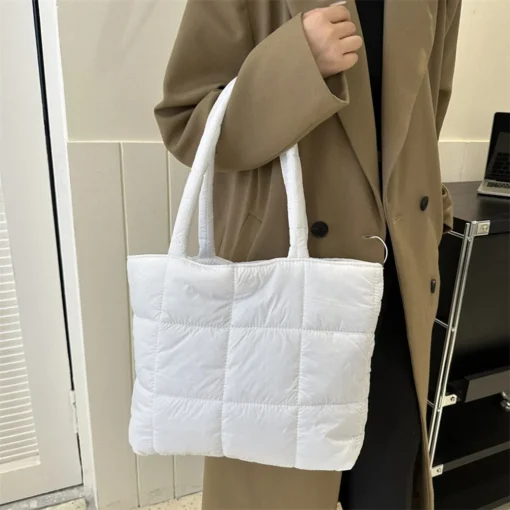 Puffer Tote Bag for Women Cotton Padded Shoulder Bag Large Capacity Ladies Puffy Handbags Quilted Work Commute Shopping Bag - Image 3